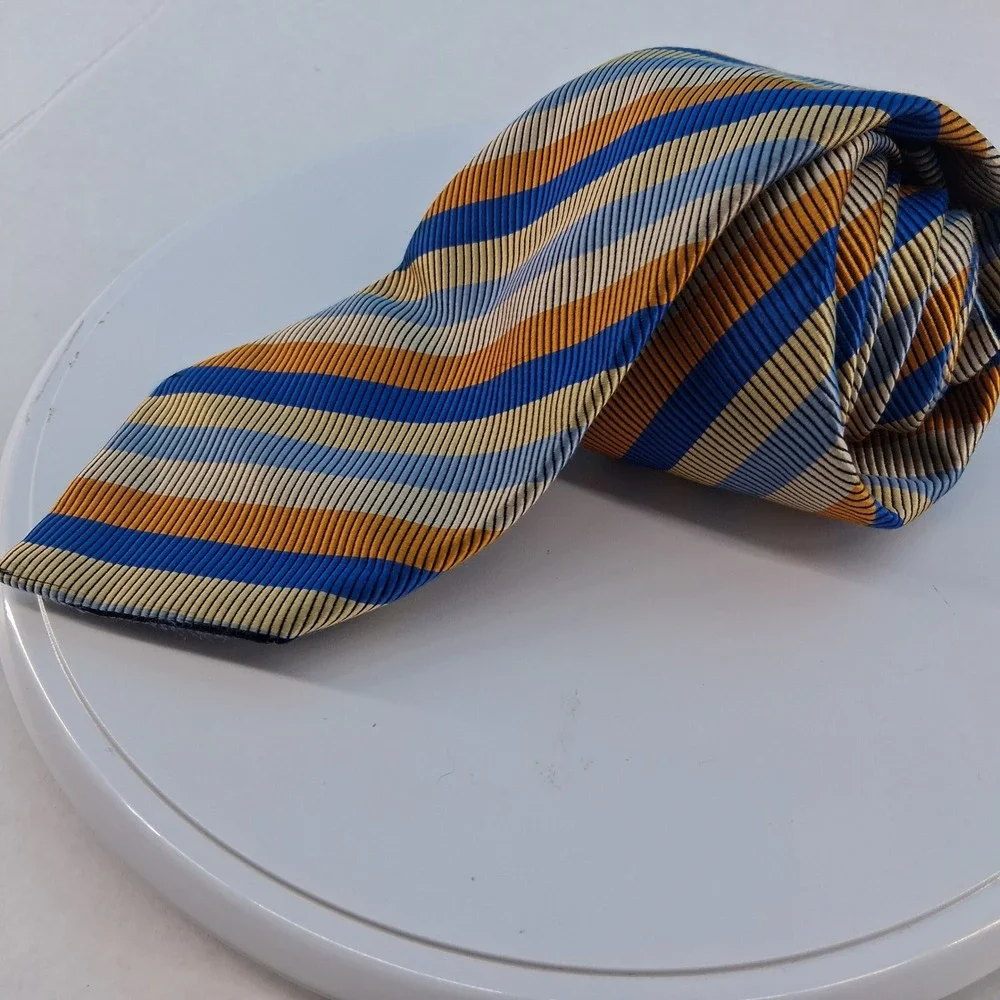Charles Tyrwhitt Tie Mens OS Blue Gold Silver Striped Silk Italy Classic Woven